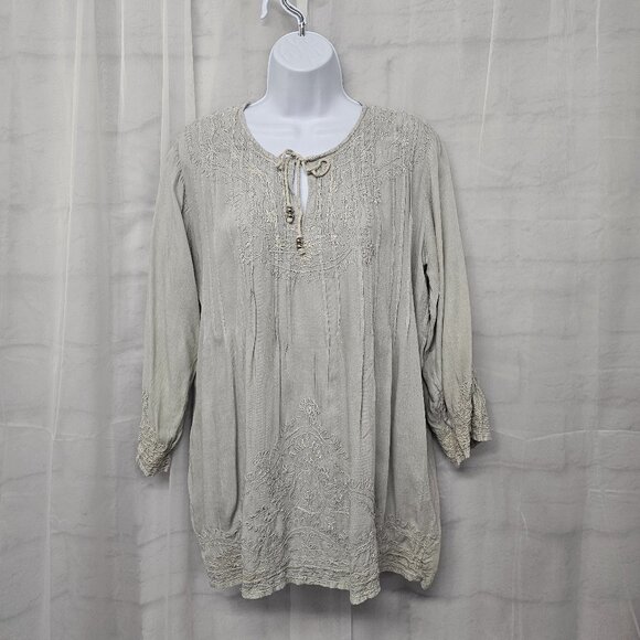 Solitaire Gray Embroidered Peasant Blouse Boho Hippie M - Picture 1 of 13